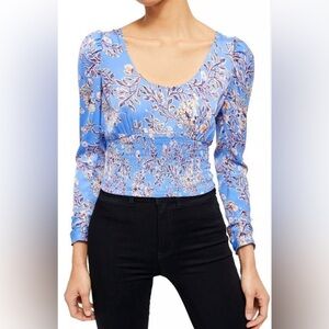 Free People Santiaga Blue Floral Smocked Long-Sleeve Top